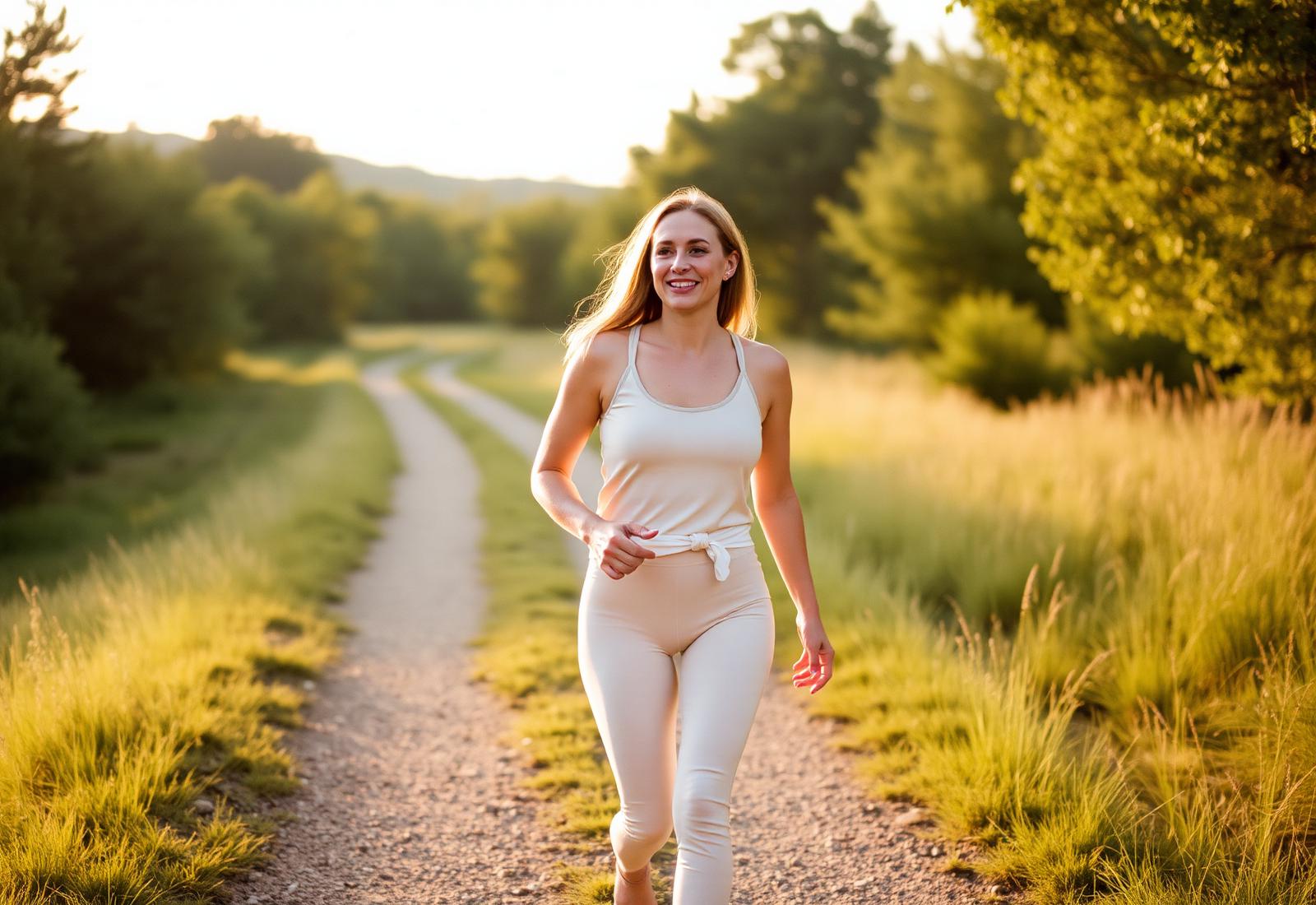 Woman walking peacefully in golden morning light